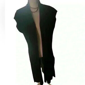 Joan Vass Black Long Duster Open Cardigan Vest Medium Boho NWOT.